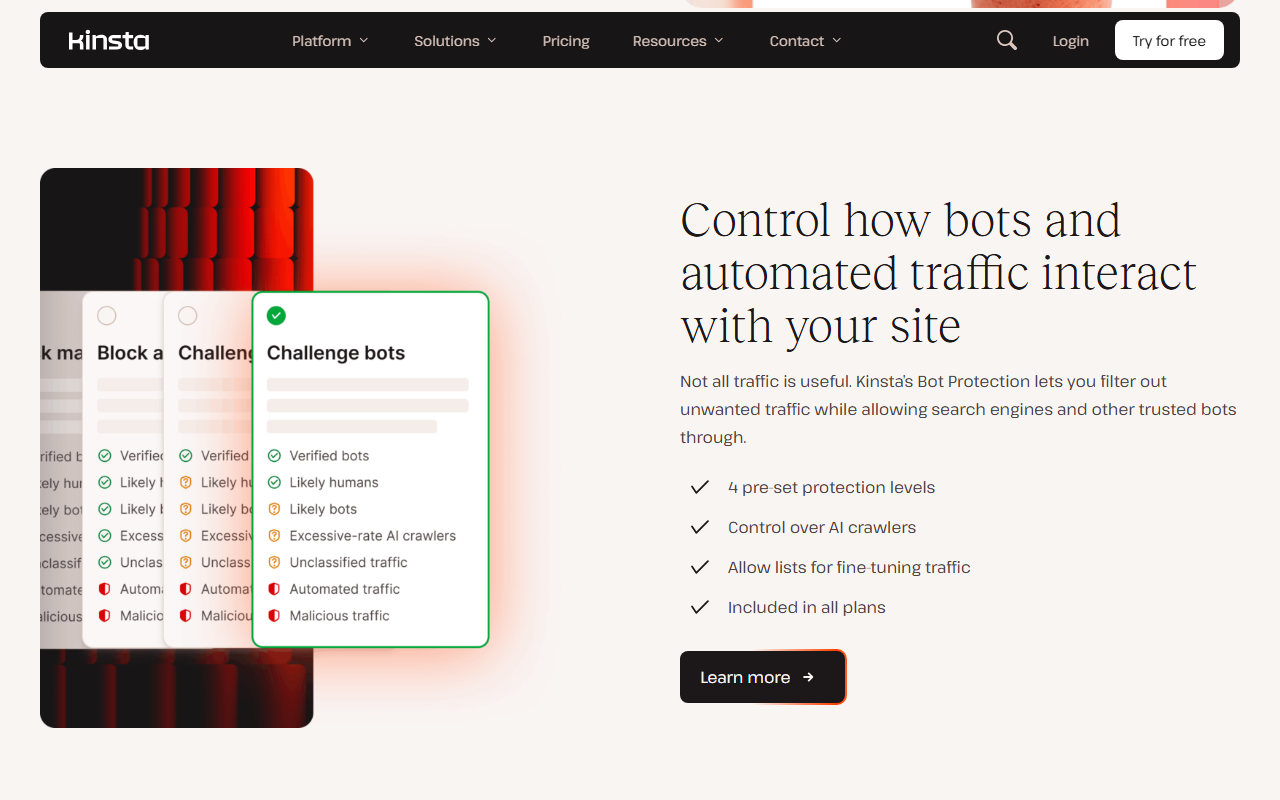 Kinsta security page section Control how bots and automated traffic interact with your site, showing bot protection level cards such as Challenge bots with traffic categories from known good bots and likely humans to likely bots, excessive-rate AI crawlers, unclassified traffic, automated traffic and malicious traffic, and a list: 4 pre-set protection levels, control over AI crawlers, allow lists for fine-tuning traffic, included in all plans