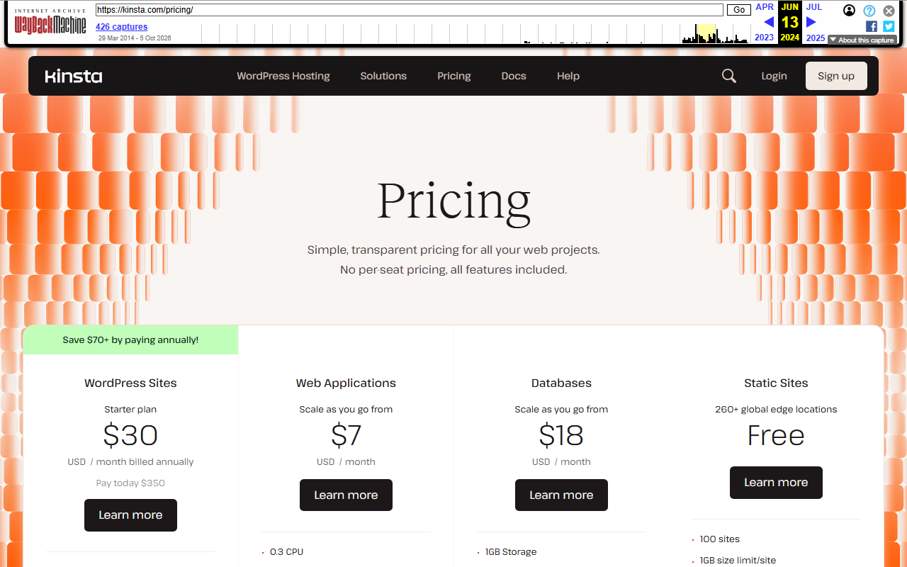 Internet Archive copy of the Kinsta pricing page from June 13, 2024 headed Pricing, Simple, transparent pricing for all your web projects, with a Save 70 dollars plus by paying annually tag and four columns: WordPress Sites Starter plan 30 dollars a month billed annually, pay today 350 dollars; Web Applications from 7 dollars a month; Databases from 18 dollars a month; Static Sites free