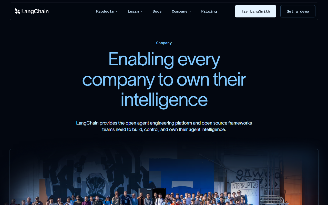 LangChain About page with the headline Enabling every company to own their intelligence above a group photo at the Interrupt 26 event