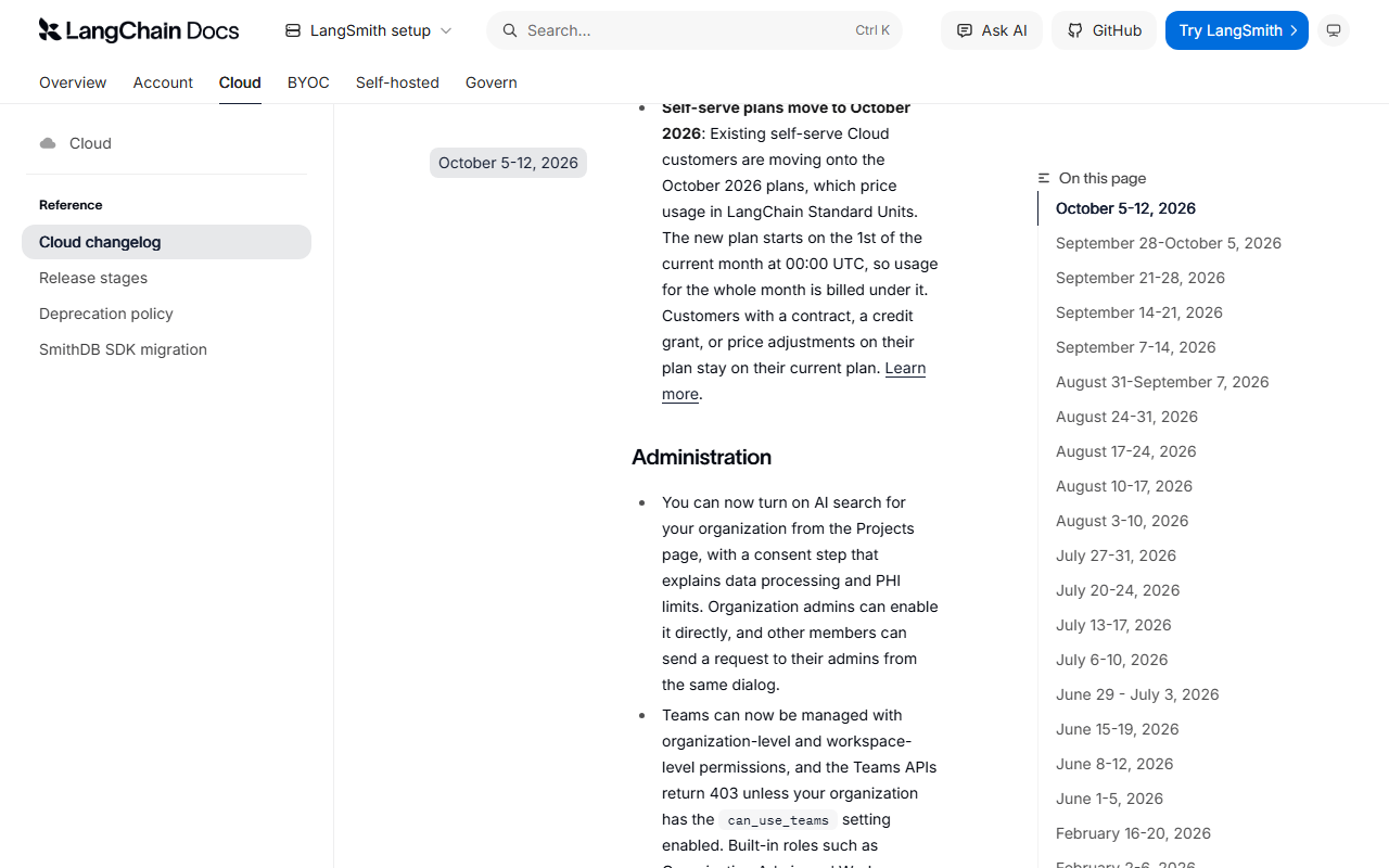 LangSmith Cloud changelog entry for October 5 to 12, 2026 titled Self-serve plans move to October 2026, explaining that existing self-serve Cloud customers move to plans priced in LangChain Standard Units and that customers with a contract stay on their current plan