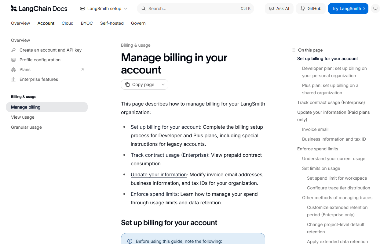 LangSmith documentation page Manage billing in your account listing billing setup for Developer and Plus plans, Enterprise contract usage, updating invoice information and enforcing spend limits