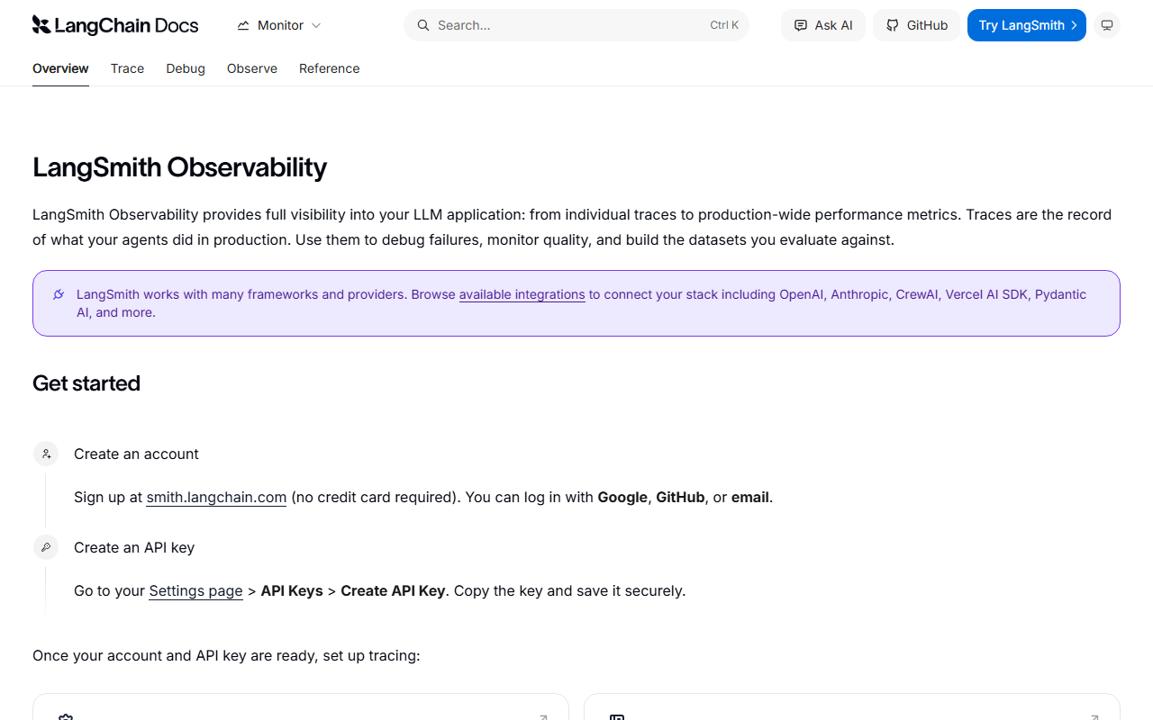 LangSmith Observability documentation page with a note that LangSmith works with frameworks and providers including OpenAI, Anthropic, CrewAI, Vercel AI SDK and Pydantic AI, and a Get started section to create an account without a credit card and create an API key