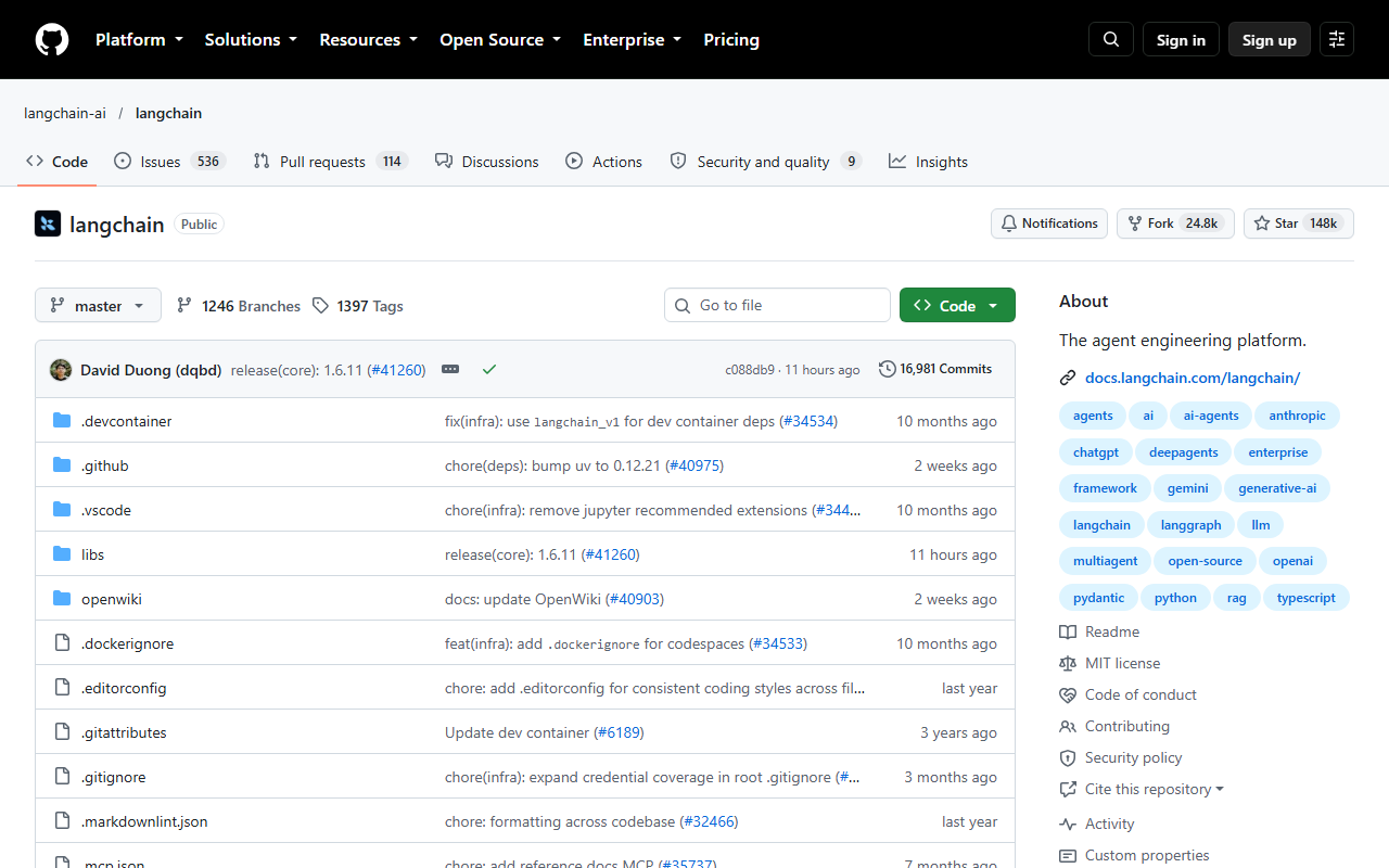 GitHub repository page for langchain-ai/langchain showing 536 issues, 114 pull requests, 9 security items, 24.8k forks, 148k stars, the MIT license, 16,981 commits and the description The agent engineering platform