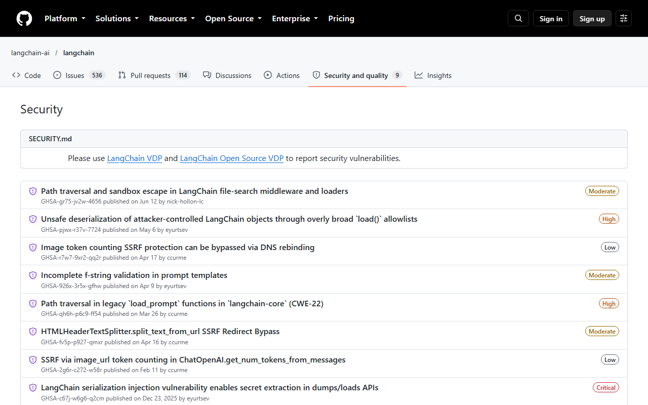 GitHub Security tab for langchain-ai/langchain listing advisories including a moderate path traversal and sandbox escape in file-search middleware, a high unsafe deserialization issue, a high path traversal in legacy load_prompt and a critical serialization injection published Dec 23, 2025
