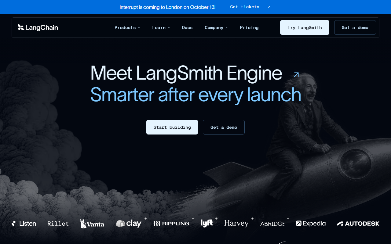 LangChain home page with the headline Meet LangSmith Engine, Smarter after every launch, Start building and Get a demo buttons, a banner announcing Interrupt in London on October 13, and customer logos including Vanta, Clay, Rippling, Lyft, Expedia and Autodesk