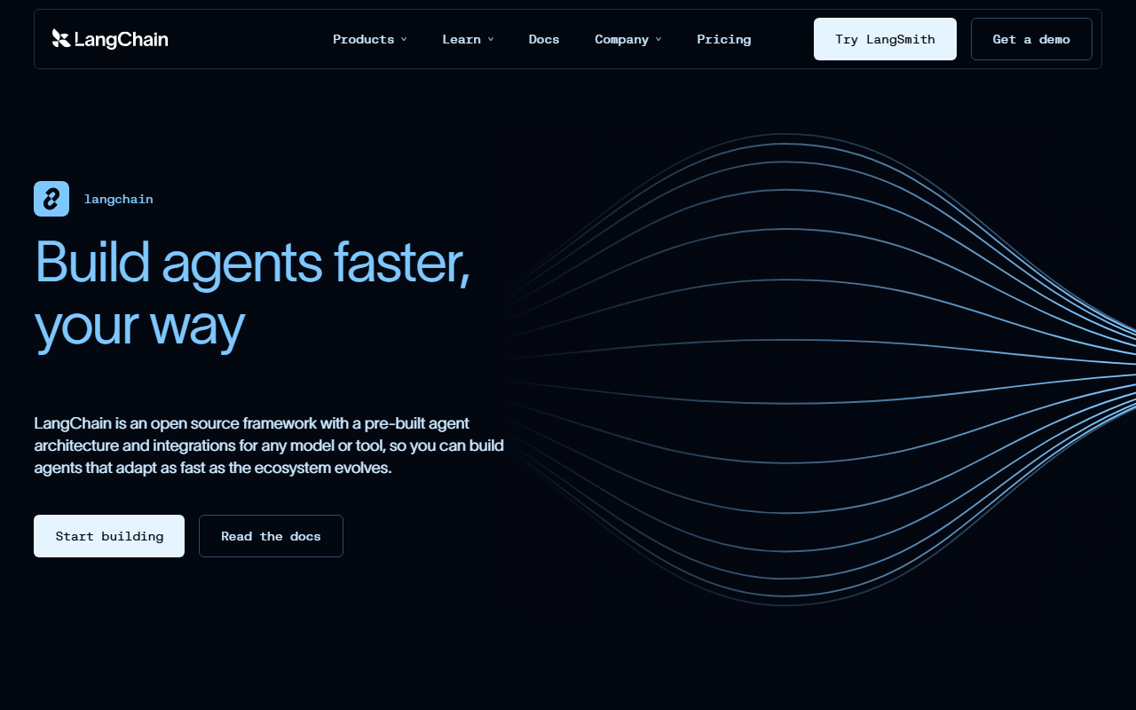 LangChain open-source product page with the headline Build agents faster, your way, describing LangChain as an open source framework with a pre-built agent architecture and integrations for any model or tool