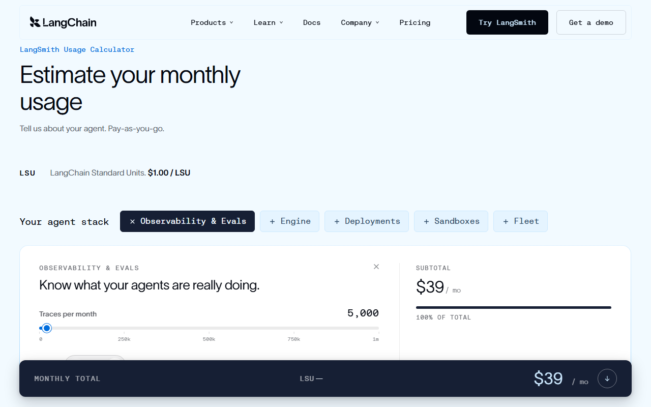 LangSmith Usage Calculator section titled Estimate your monthly usage, showing LSU LangChain Standard Units at 1.00 dollar per LSU, product toggles for Observability and Evals, Engine, Deployments, Sandboxes and Fleet, a traces slider at 5,000 and a monthly total of 39 dollars