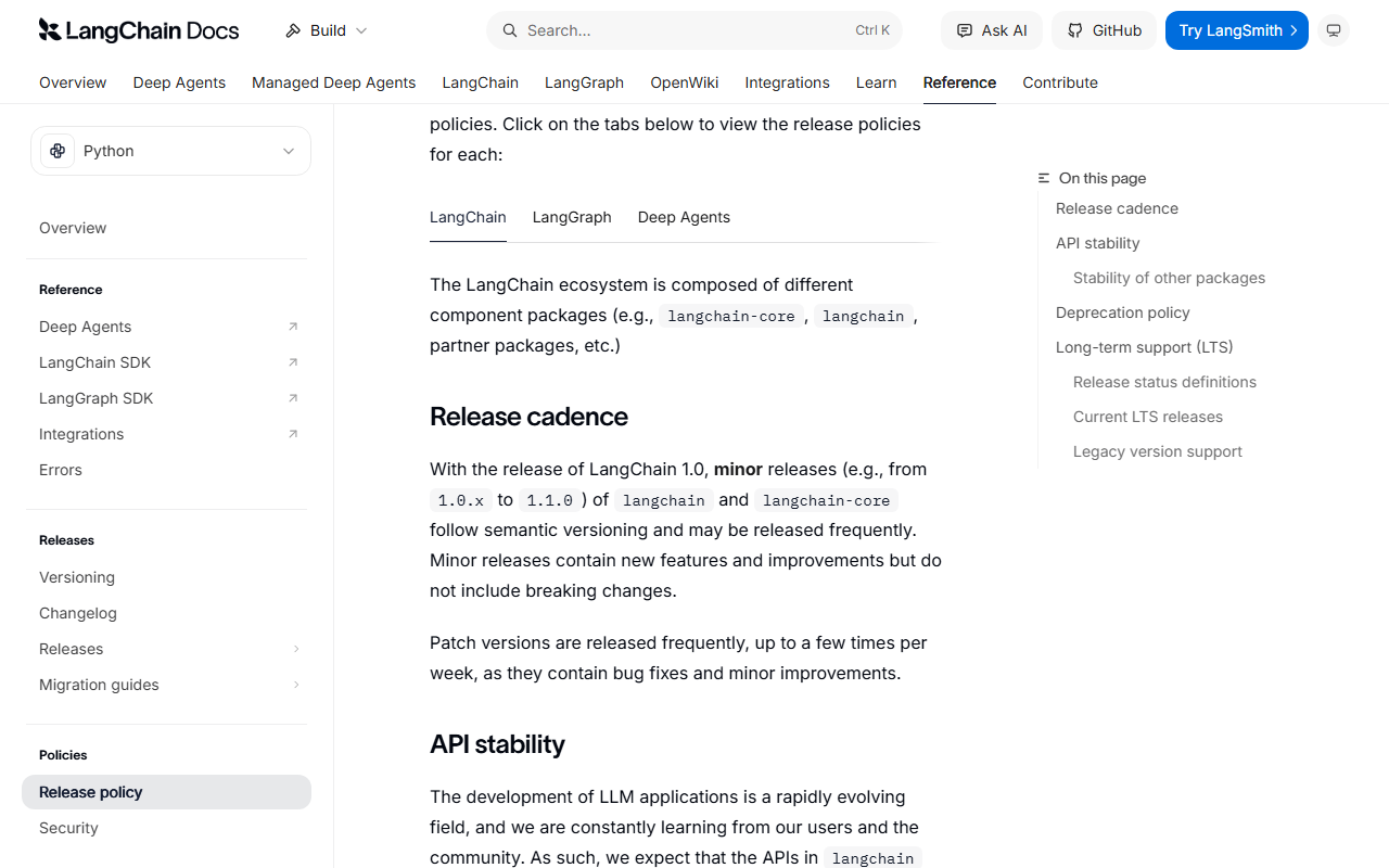 LangChain release policy page in the docs explaining that from LangChain 1.0 minor releases of langchain and langchain-core follow semantic versioning without breaking changes and that patch versions can be released up to a few times per week