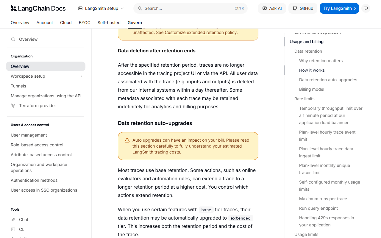 LangSmith documentation section Data retention auto-upgrades with a warning box saying auto upgrades can have an impact on your bill, and text explaining that online evaluators and automation rules can extend a trace to a longer retention period at a higher cost