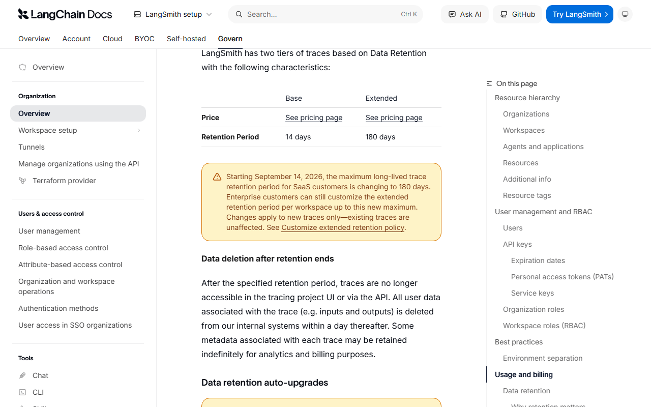 LangSmith documentation table of trace tiers showing base retention of 14 days and extended retention of 180 days, with a yellow notice that from September 14, 2026 the maximum long-lived trace retention for SaaS customers changes to 180 days