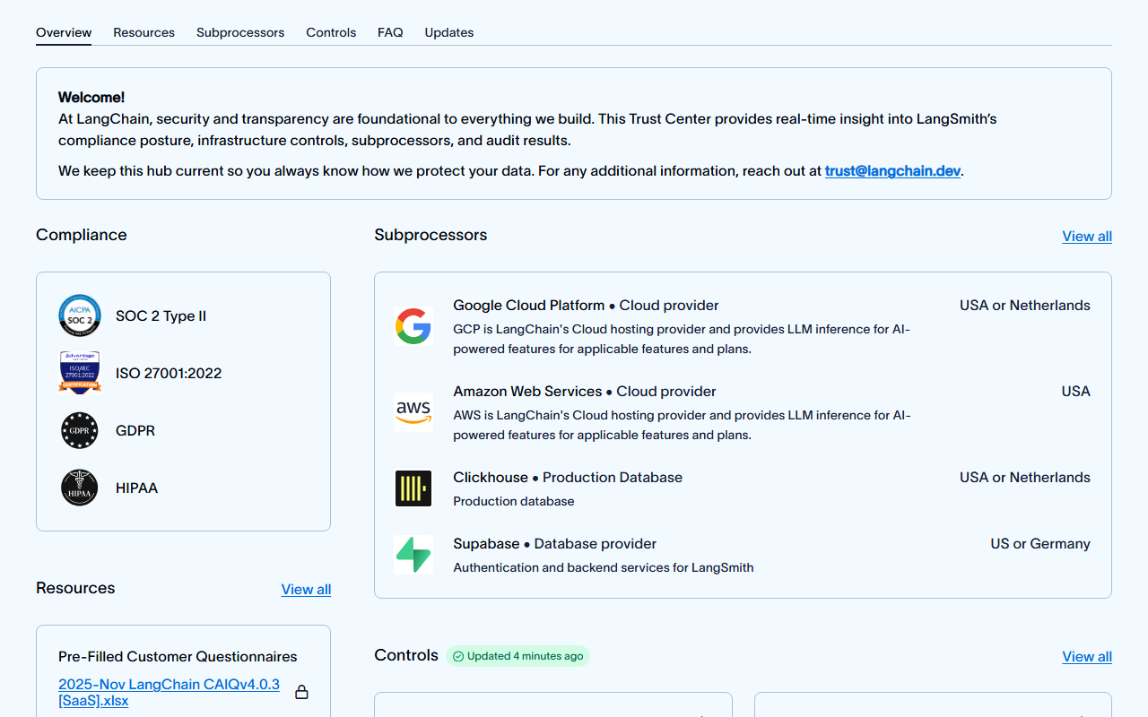 LangChain Trust Center overview with a Compliance list showing SOC 2 Type II, ISO 27001:2022, GDPR and HIPAA, and a Subprocessors list showing Google Cloud Platform in USA or Netherlands, Amazon Web Services in USA, ClickHouse and Supabase