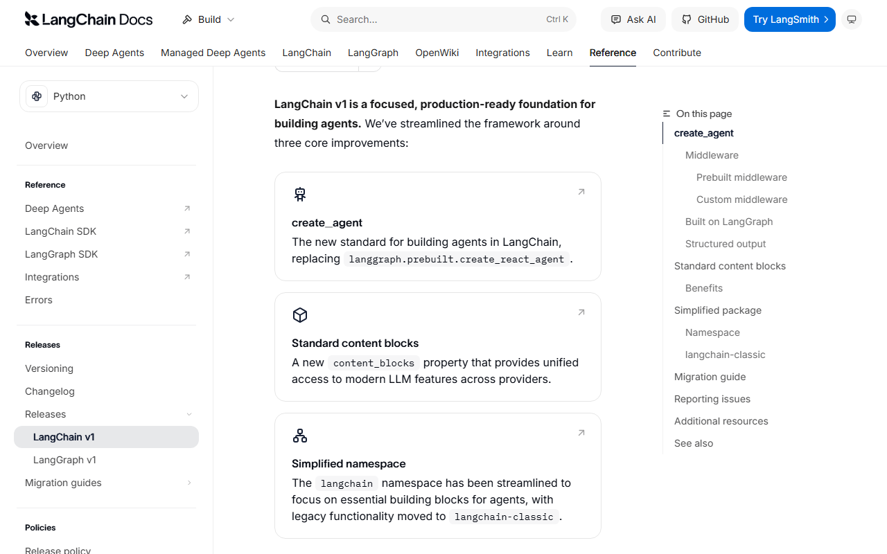 LangChain v1 release notes page with three cards: create_agent replacing langgraph.prebuilt.create_react_agent, standard content blocks, and a simplified namespace with legacy functionality moved to langchain-classic