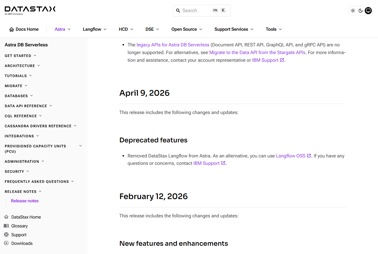 DataStax Astra DB Serverless release notes, an IBM Company, with the April 9, 2026 entry under Deprecated features reading Removed DataStax Langflow from Astra. As an alternative, you can use Langflow OSS. If you have any questions or concerns, contact IBM Support.
