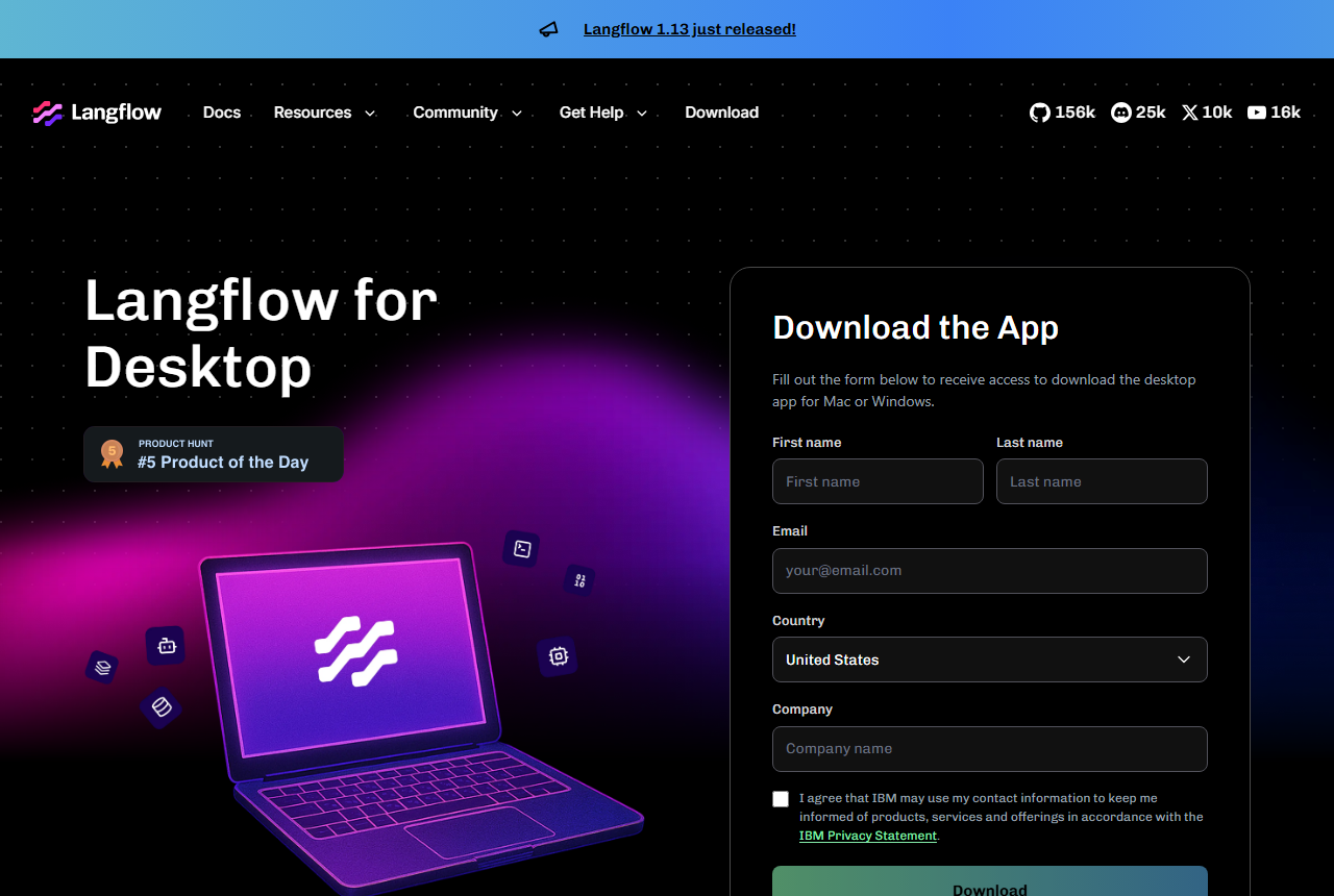 Langflow for Desktop page with a Download the App form asking for first name, last name, email, country and company, and a checkbox reading I agree that IBM may use my contact information to keep me informed of products, services and offerings in accordance with the IBM Privacy Statement