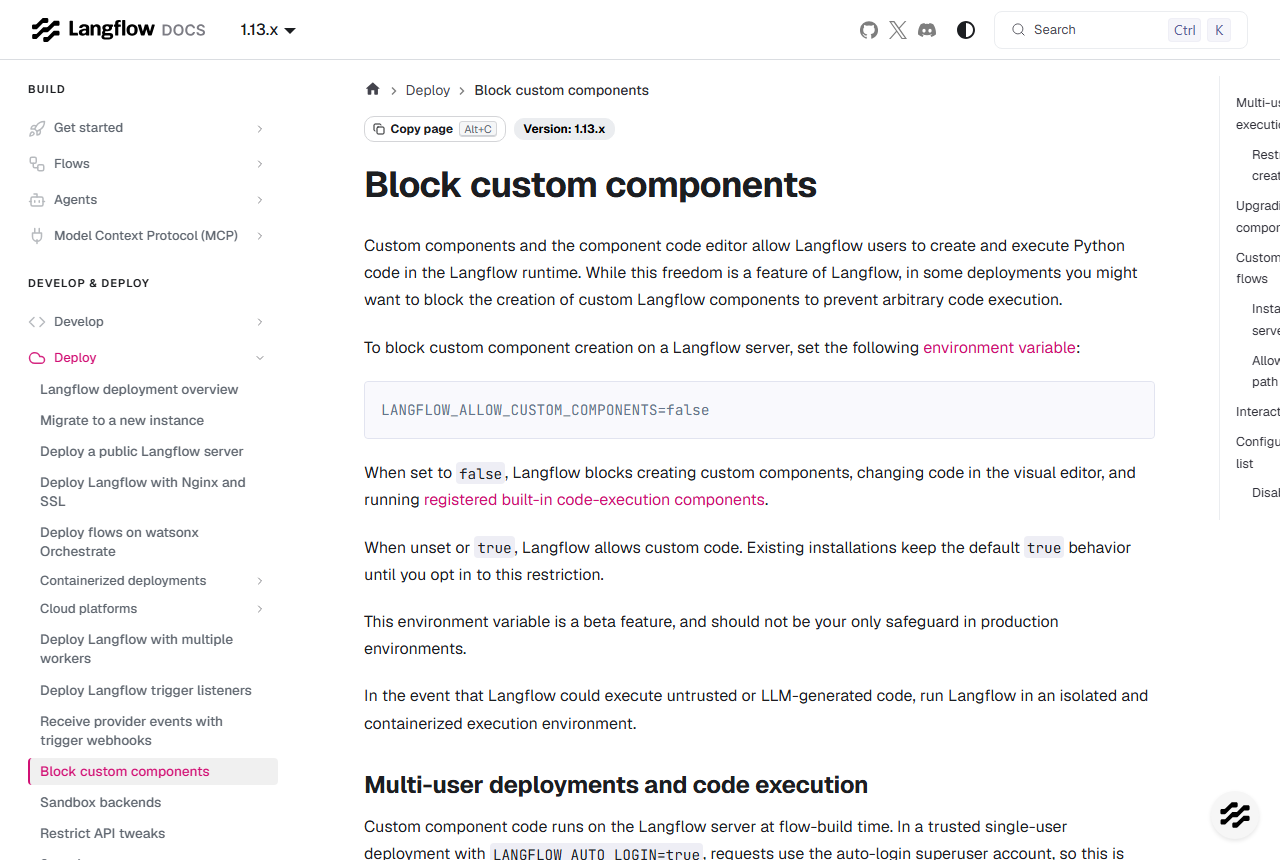 Langflow docs page Block custom components showing the setting LANGFLOW_ALLOW_CUSTOM_COMPONENTS=false, a note that existing installations keep the default true behaviour, that the variable is a beta feature and should not be the only safeguard, and the heading Multi-user deployments and code execution
