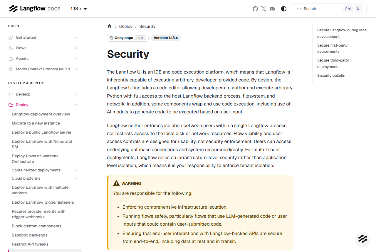 Langflow docs Security page, version 1.13.x, stating the UI is an IDE and code execution platform with full access to the host backend process, filesystem and network, that Langflow neither enforces isolation between users nor restricts disk or network access, and a warning box listing the operator's responsibilities