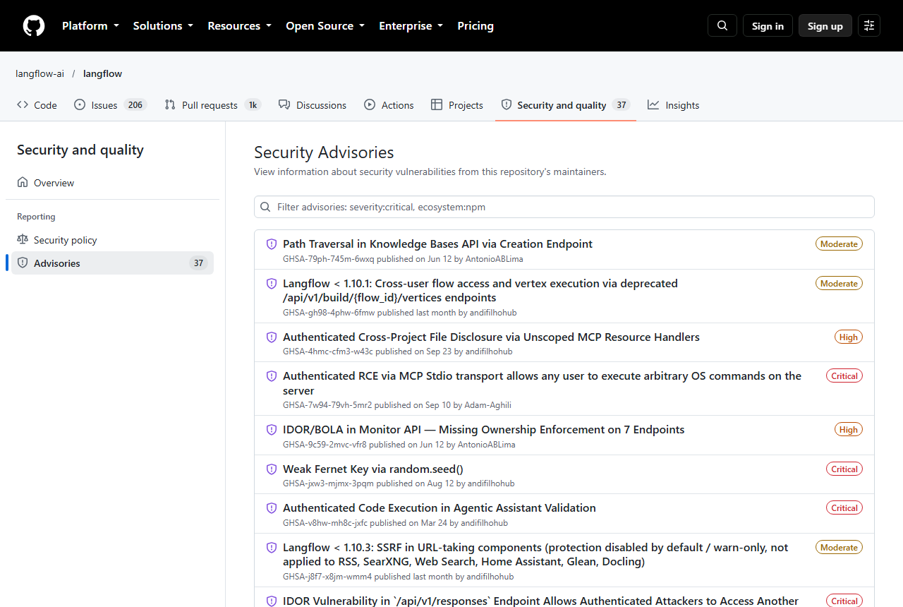 GitHub Security Advisories page for langflow-ai/langflow with a count of 37, listing a path traversal in the Knowledge Bases API, cross-user flow access before 1.10.1, a high-severity cross-project file disclosure, a critical authenticated RCE via MCP stdio transport and a critical weak Fernet key