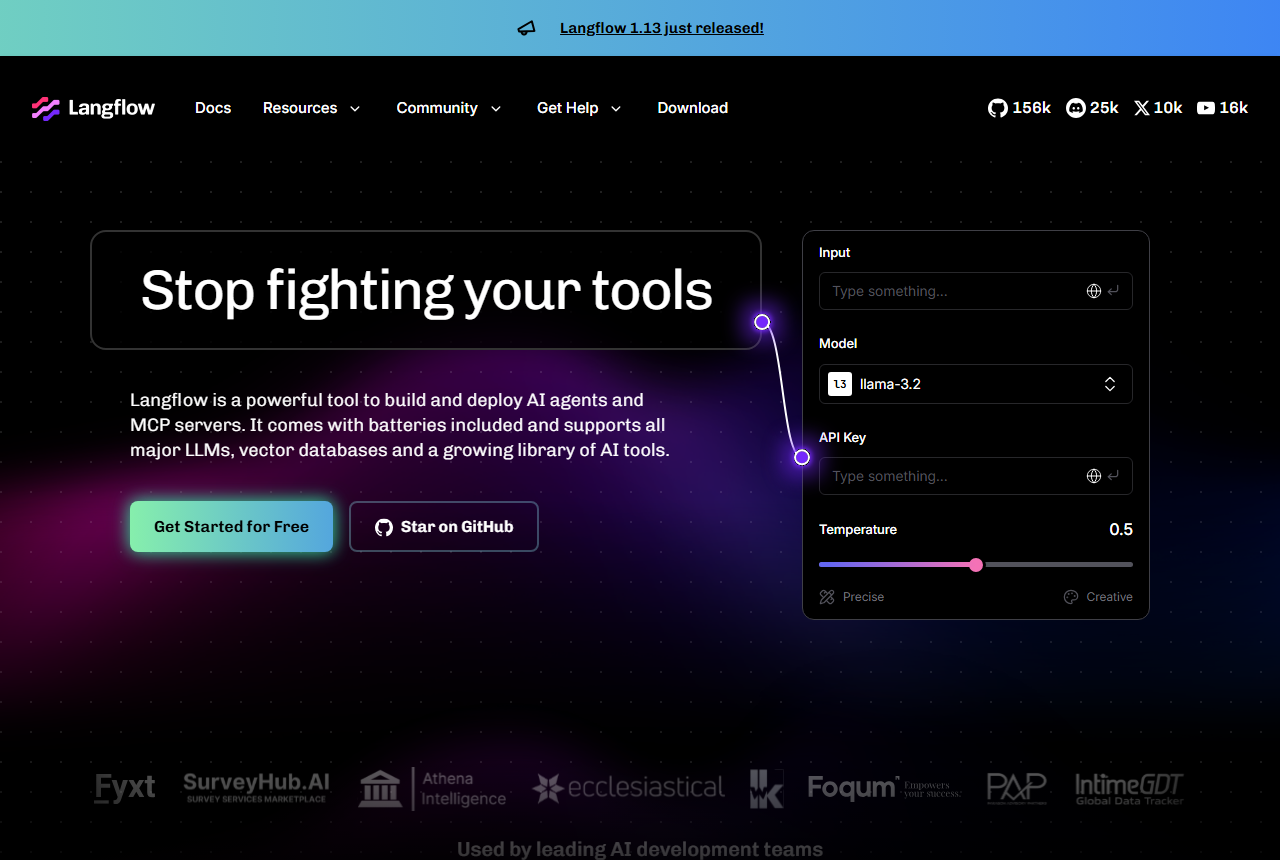 Langflow home page with a banner reading Langflow 1.13 just released, the headline Stop fighting your tools, a Get Started for Free button and a sample flow card with Input, Model set to llama-3.2, API Key and Temperature 0.5