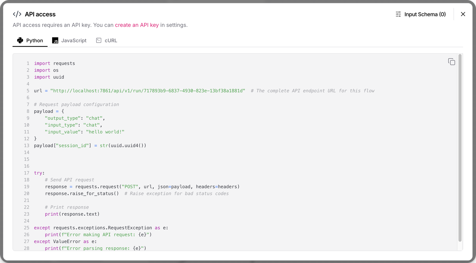 Langflow API access pane saying API access requires an API key, with Python, JavaScript and cURL tabs and Python code posting a chat payload to a localhost run endpoint for a flow ID