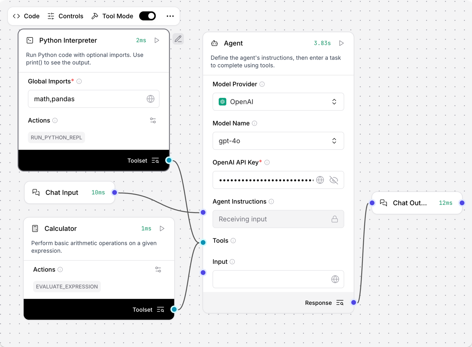 Langflow canvas with a Python Interpreter component, global imports math and pandas, in Tool Mode, and a Calculator component, both wired as tools into an Agent component using OpenAI gpt-4o with a masked API key, between Chat Input and Chat Output