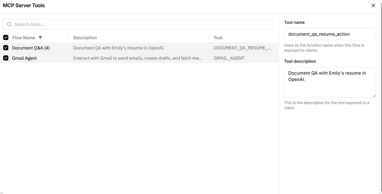 Langflow MCP Server Tools dialog listing two flows exposed as tools, Document Q and A and Gmail Agent, with fields to edit the tool name document_qa_resume_action and its description
