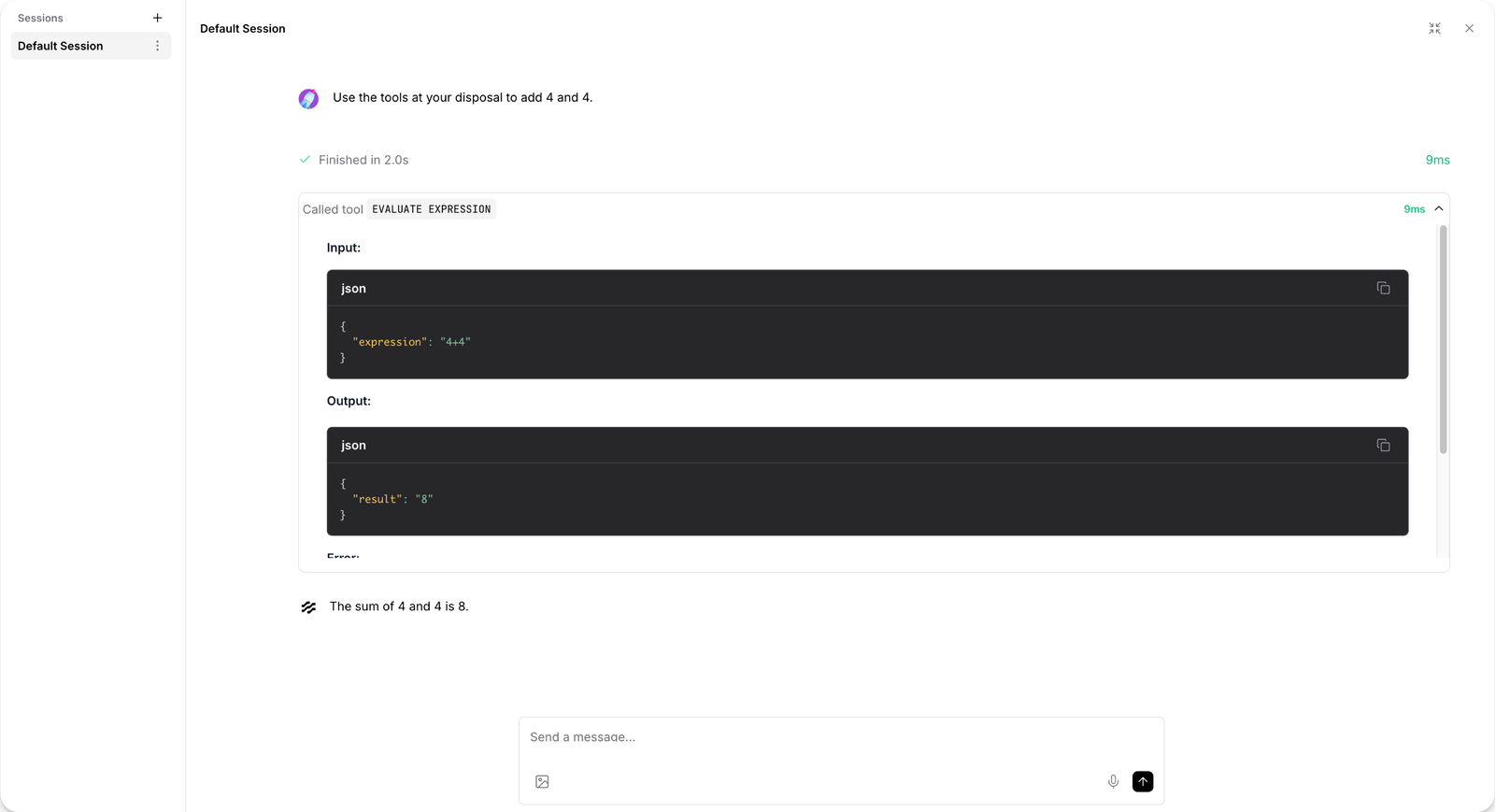 Langflow Playground, Default Session: the user asks to use the tools to add 4 and 4, the run finished in 2.0 seconds, the agent called the EVALUATE EXPRESSION tool with input expression 4+4 and output result 8, and replied The sum of 4 and 4 is 8