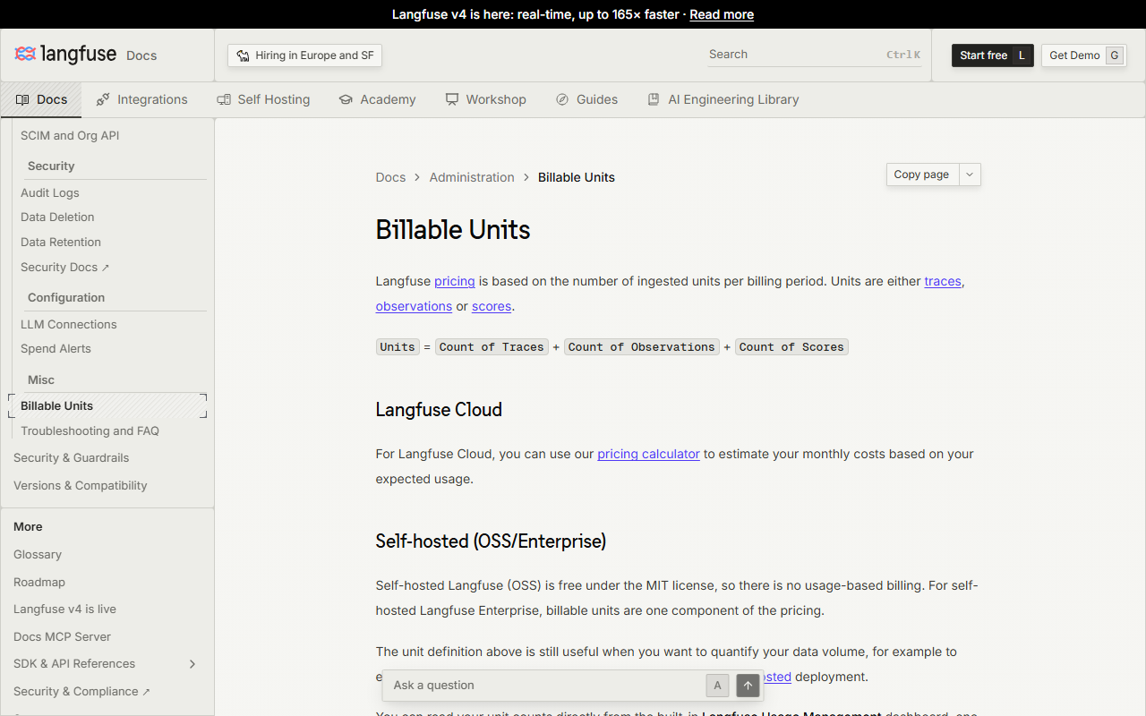 Langfuse documentation page Billable Units stating that pricing is based on ingested units per billing period, that units are traces, observations or scores, the formula Units equals Count of Traces plus Count of Observations plus Count of Scores, and that self-hosted Langfuse OSS is free under the MIT license with no usage-based billing