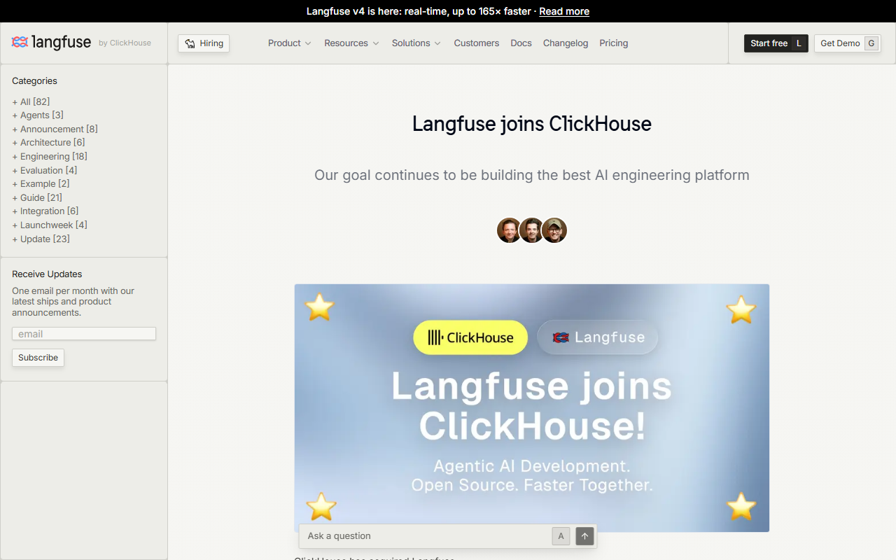 Langfuse blog post titled Langfuse joins ClickHouse with the subtitle Our goal continues to be building the best AI engineering platform, three founder avatars and a banner reading Langfuse joins ClickHouse! Agentic AI Development. Open Source. Faster Together.