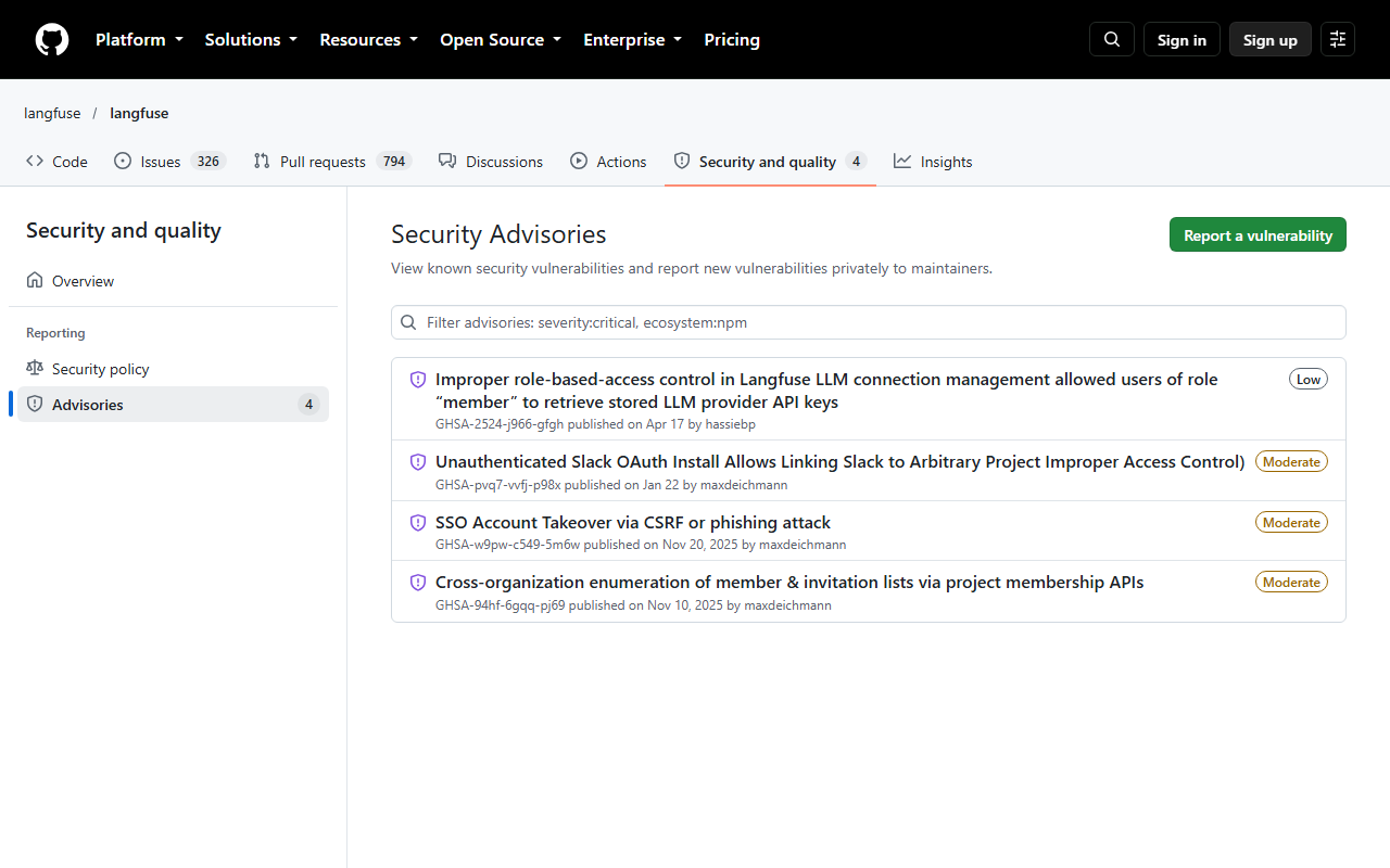 GitHub security advisories page for langfuse/langfuse listing four advisories: low severity improper role-based access control in LLM connection management, moderate unauthenticated Slack OAuth install, moderate SSO account takeover via CSRF or phishing attack, and moderate cross-organization enumeration of member and invitation lists