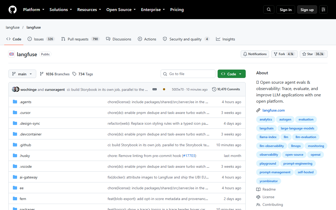 GitHub repository page for langfuse/langfuse showing 326 issues, 790 pull requests, 4 security items, 4.1k forks, 36.3k stars, 1,036 branches, 734 tags, 10,470 commits, folders including ai-gateway and ee, and the description Open source agent evals and observability
