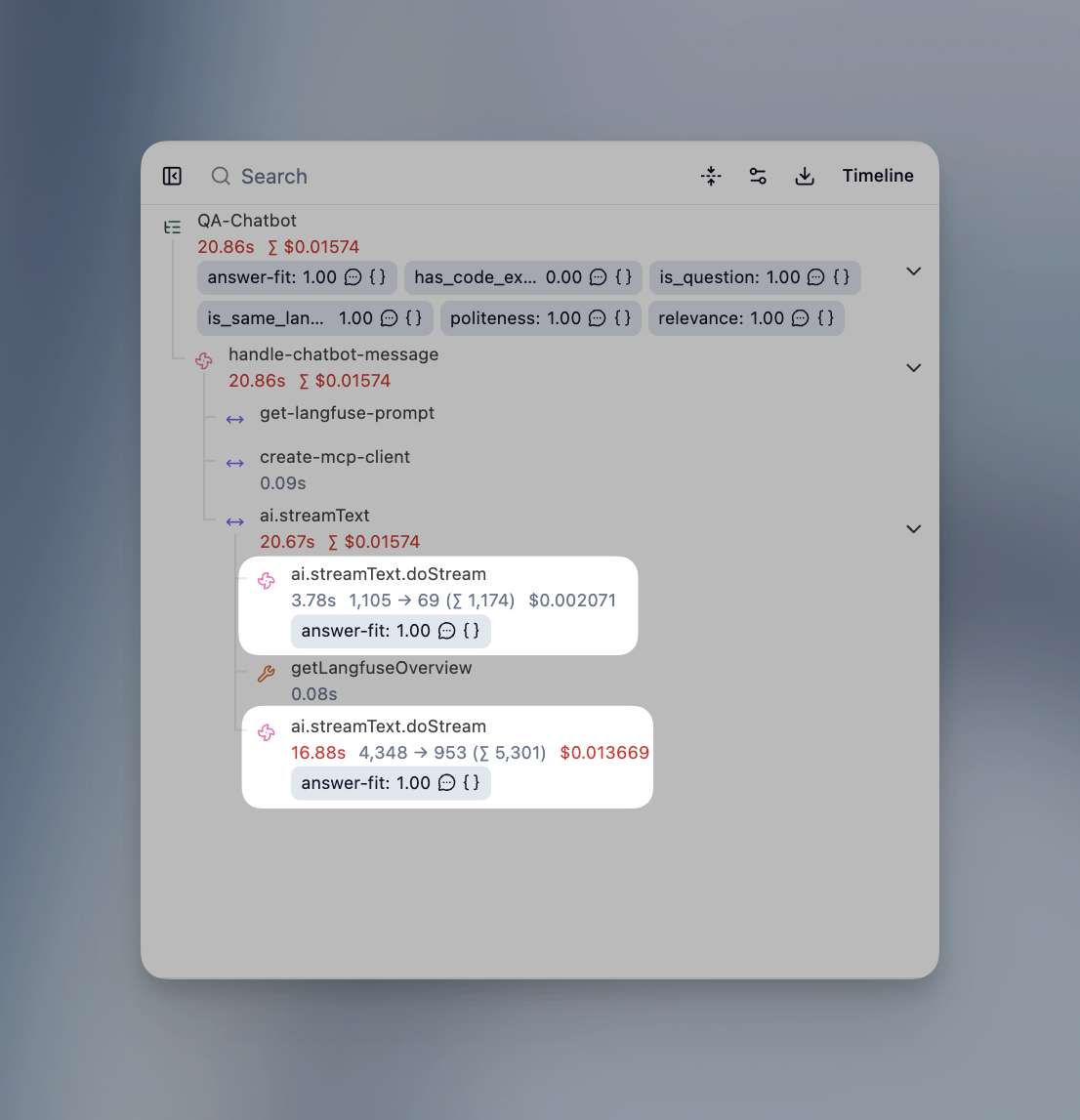 Langfuse trace tree for a QA-Chatbot trace lasting 20.86 seconds and costing 0.01574 dollars, with score chips such as answer-fit 1.00 and relevance 1.00, and nested observations handle-chatbot-message, get-langfuse-prompt, create-mcp-client, ai.streamText and two highlighted ai.streamText.doStream generations each carrying an answer-fit score
