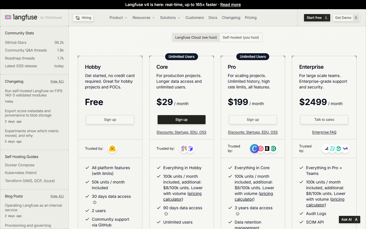 Langfuse Cloud pricing cards: Hobby free with 50k units a month, 30 days data access and 2 users; Core 29 dollars a month with 100k units then 8 dollars per 100k and 90 days data access; Pro 199 dollars a month with 3 years data access; Enterprise 2499 dollars a month with audit logs and SCIM API