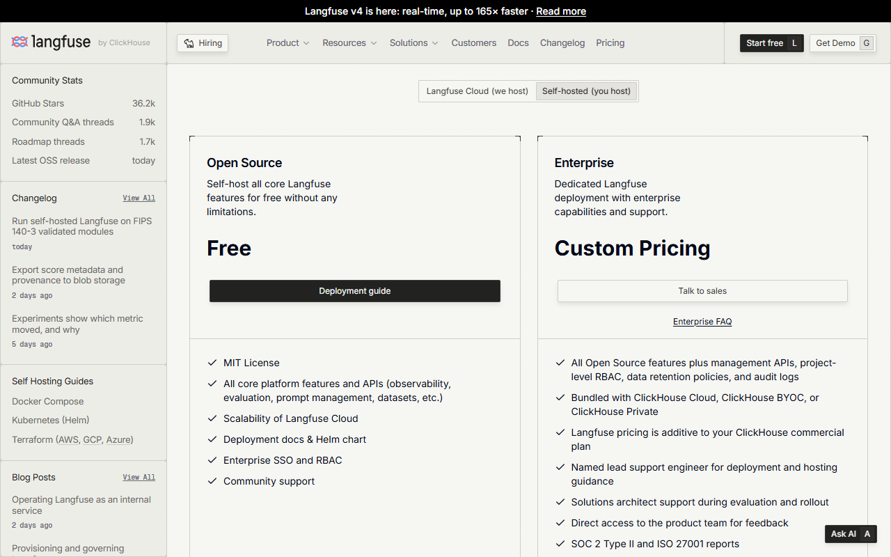 Langfuse self-hosted pricing with two cards: Open Source, free, MIT License, all core platform features and APIs, scalability of Langfuse Cloud, Enterprise SSO and RBAC, community support; and Enterprise, custom pricing, bundled with ClickHouse Cloud, ClickHouse BYOC or ClickHouse Private, with Langfuse pricing additive to your ClickHouse commercial plan