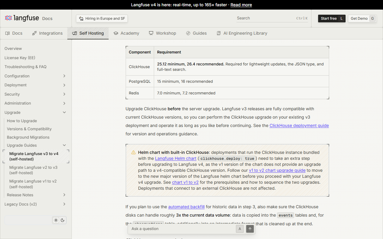 Self-hosted Langfuse v3 to v4 migration guide showing minimum versions ClickHouse 25.12 with 26.4 recommended, PostgreSQL 15 with 16 recommended and Redis 7.0 with 7.2 recommended, a warning that the Helm chart v1 with built-in ClickHouse has no upgrade path to a v4-compatible ClickHouse, and a note that the automated backfill needs disks for roughly 3x the current data volume