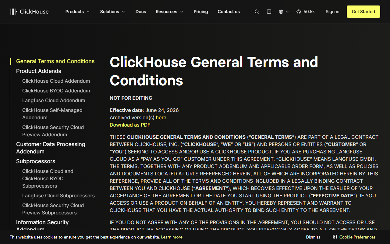 ClickHouse General Terms and Conditions page, effective date June 24, 2026, stating the terms are a contract between ClickHouse, Inc. and customers and that if you are purchasing Langfuse Cloud as a pay as you go customer, ClickHouse means Langfuse GmbH, with a sidebar listing the Langfuse Cloud Addendum, Langfuse Cloud Subprocessors and the Customer Data Processing Addendum
