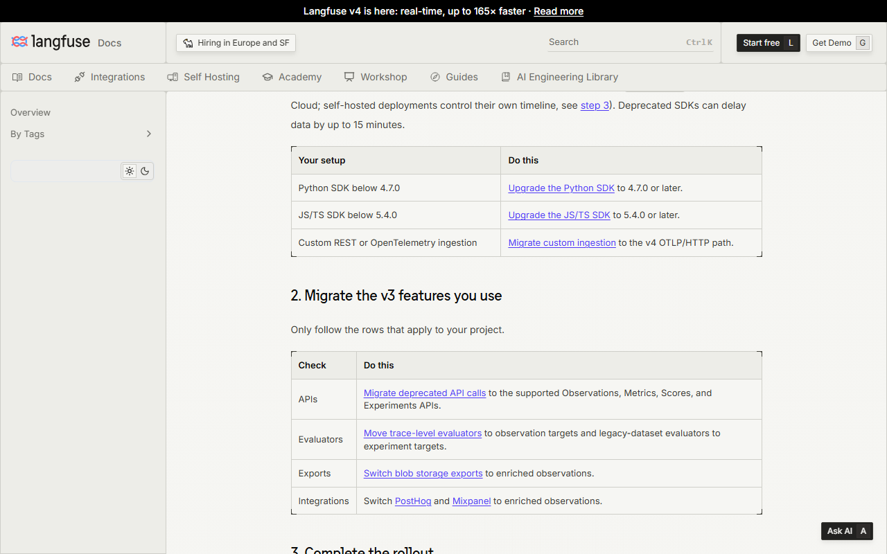 Langfuse upgrade guide tables: upgrade the Python SDK below 4.7.0, the JS/TS SDK below 5.4.0, and custom REST or OpenTelemetry ingestion to the v4 OTLP/HTTP path; then migrate deprecated APIs, move trace-level evaluators to observation targets, switch blob storage exports and PostHog and Mixpanel integrations to enriched observations
