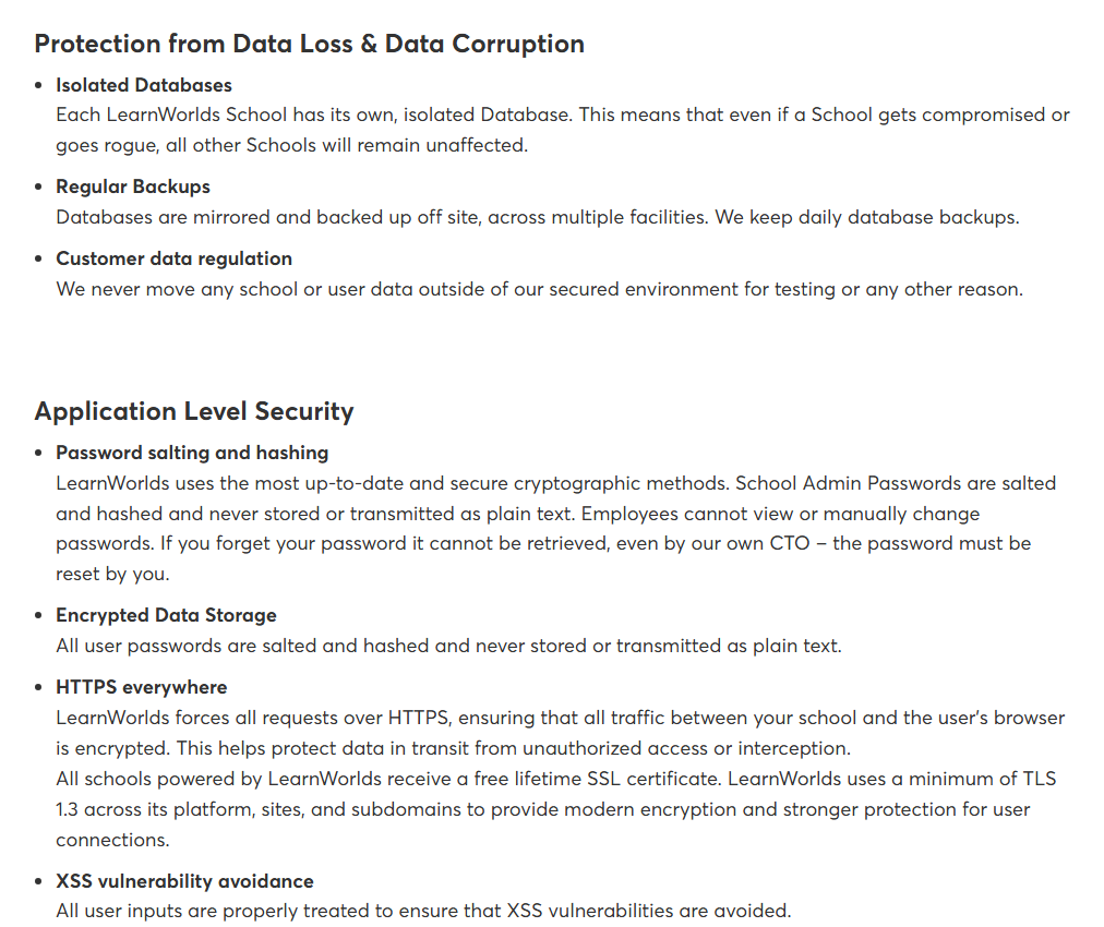 LearnWorlds data security page sections Protection from Data Loss and Data Corruption, with isolated databases per school, mirrored off-site backups with daily database backups and no movement of school data outside the secured environment, and Application Level Security, with salted and hashed passwords, HTTPS everywhere with a minimum of TLS 1.3, free SSL certificates and XSS avoidance