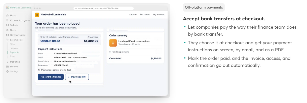 LearnWorlds release page section Off-platform payments, Accept bank transfers at checkout, with a demo order confirmation for a fictional company showing bank transfer instructions, an amount due of 4,800 dollars for a 20-seat team license and buttons to confirm the transfer or download a PDF