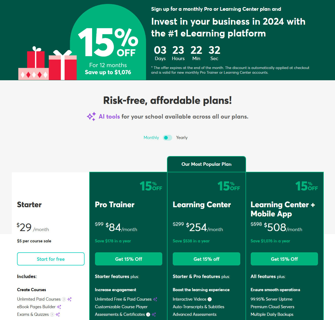 Internet Archive copy of the LearnWorlds pricing page from January 4, 2024 with a 15 percent off banner for 12 months on monthly Pro Trainer or Learning Center plans and a countdown, then four monthly cards: Starter 29 dollars a month with 5 dollars per course sale, Pro Trainer 84 dollars instead of 99, Learning Center 254 dollars instead of 299, and Learning Center plus Mobile App 508 dollars instead of 598
