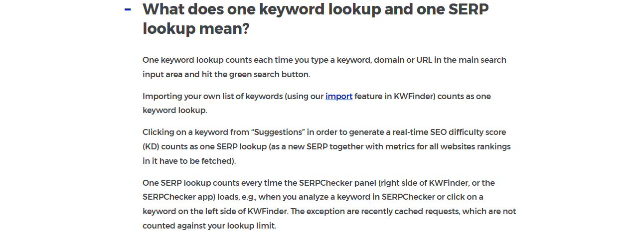 Mangools FAQ answer to What does one keyword lookup and one SERP lookup mean?, explaining that a keyword lookup counts each time you search a keyword, domain or URL, that importing a keyword list counts as one lookup, that clicking a keyword from Suggestions for a real-time difficulty score counts as one SERP lookup, and that recently cached requests are not counted
