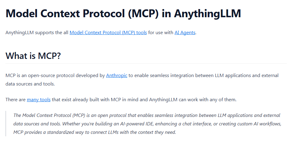 Cropped AnythingLLM docs page Model Context Protocol (MCP) in AnythingLLM: the vendor says AnythingLLM supports all MCP tools for use with AI agents, with a What is MCP section