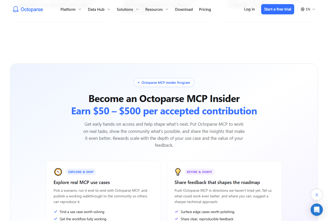 Octoparse MCP Server page with the headline Connect your AI to live web data, the free weekly quota note and logos of ChatGPT, Claude, Cursor and Gemini CLI