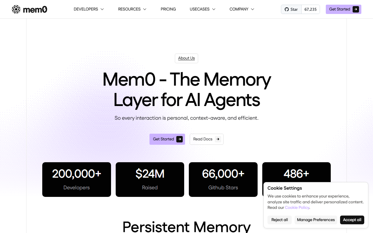Mem0 About page with the headline Mem0 The Memory Layer for AI Agents and counters for developers, money raised, GitHub stars and research citations