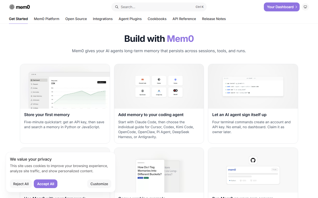 Mem0 documentation home page titled Build AI apps that remember with cards for a five-minute quickstart, coding agent memory, agent self sign-up, framework guides and running Mem0 on your own servers