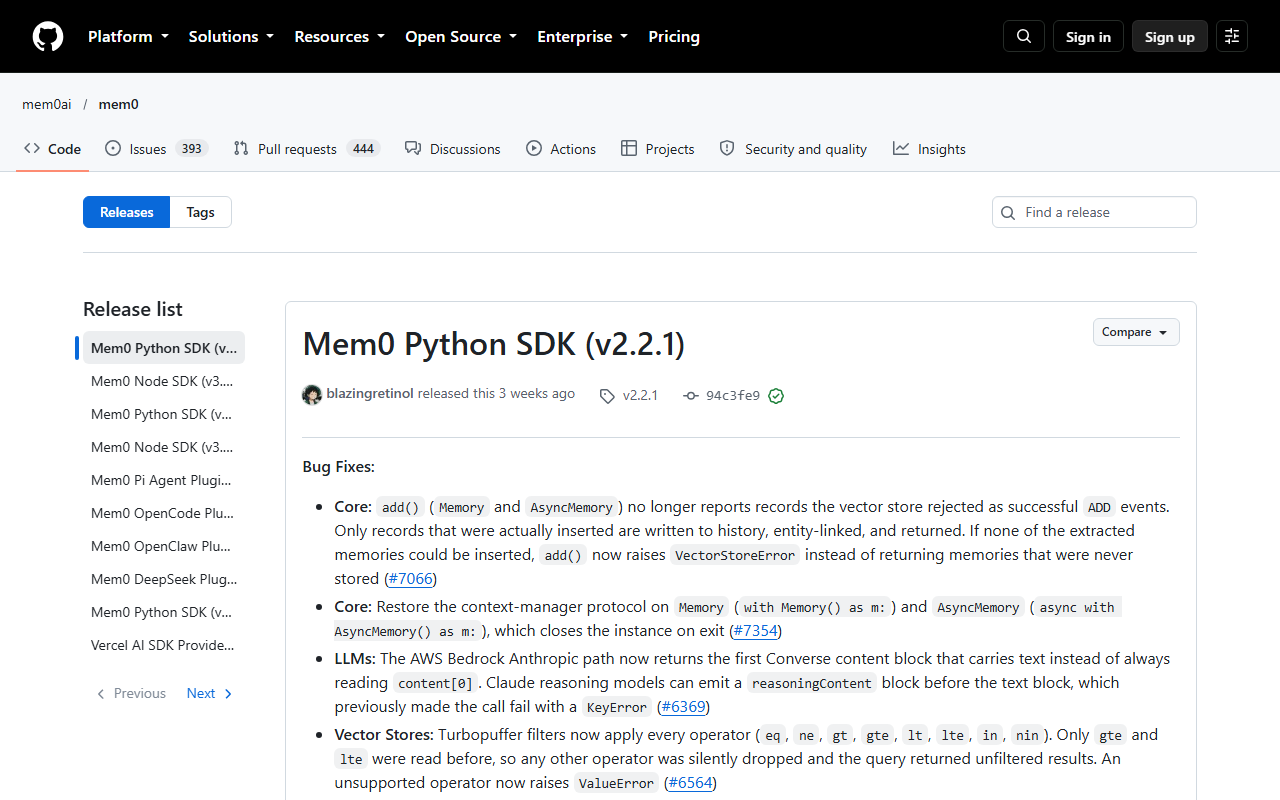 GitHub releases page for mem0ai/mem0 listing Mem0 Python SDK and Node SDK releases with their dates and bug-fix notes