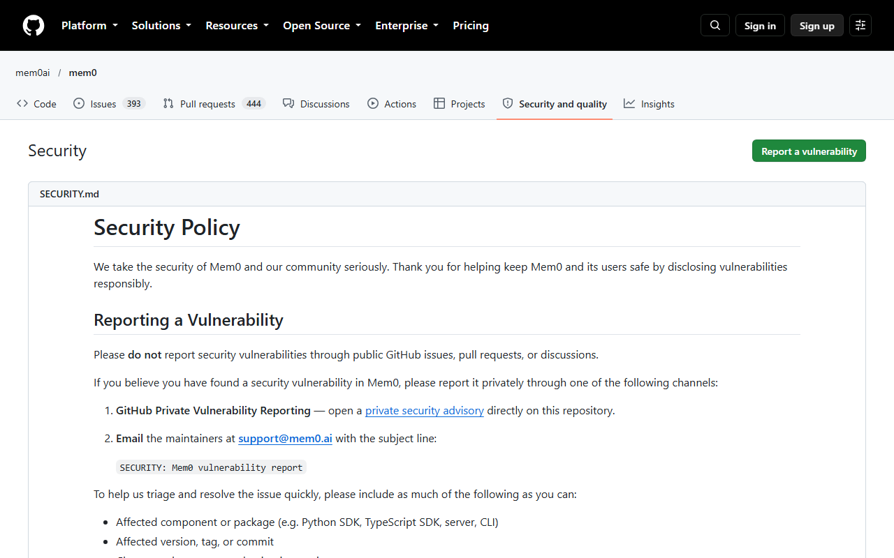 GitHub Security tab for mem0ai/mem0 showing the Security Policy with the Reporting a Vulnerability section, private reporting by advisory or email, and a Report a vulnerability button