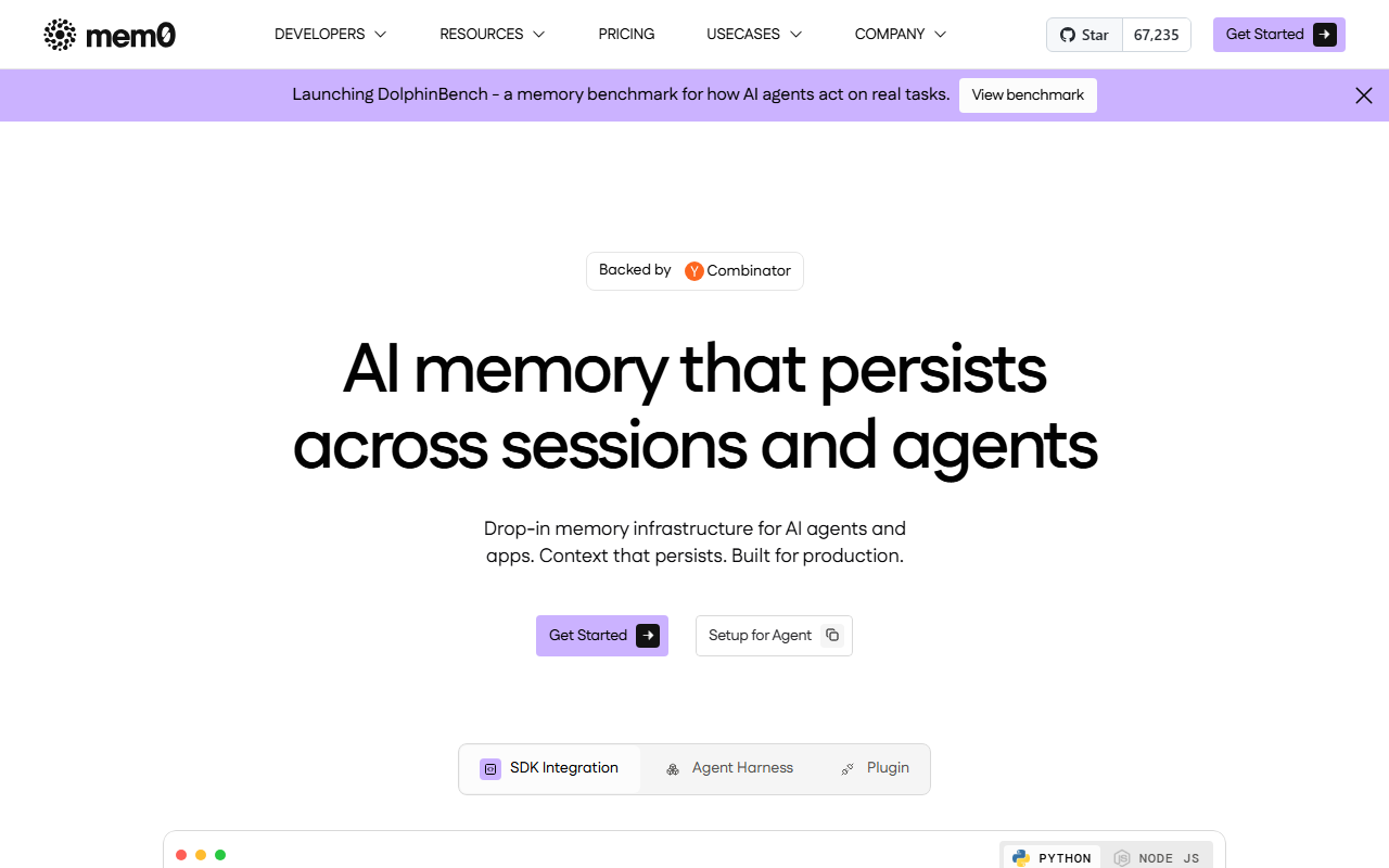 Mem0 home page: headline AI memory that persists across sessions and agents, Get Started and Setup for Agent buttons, a GitHub star counter at 67,235 and a banner announcing DolphinBench