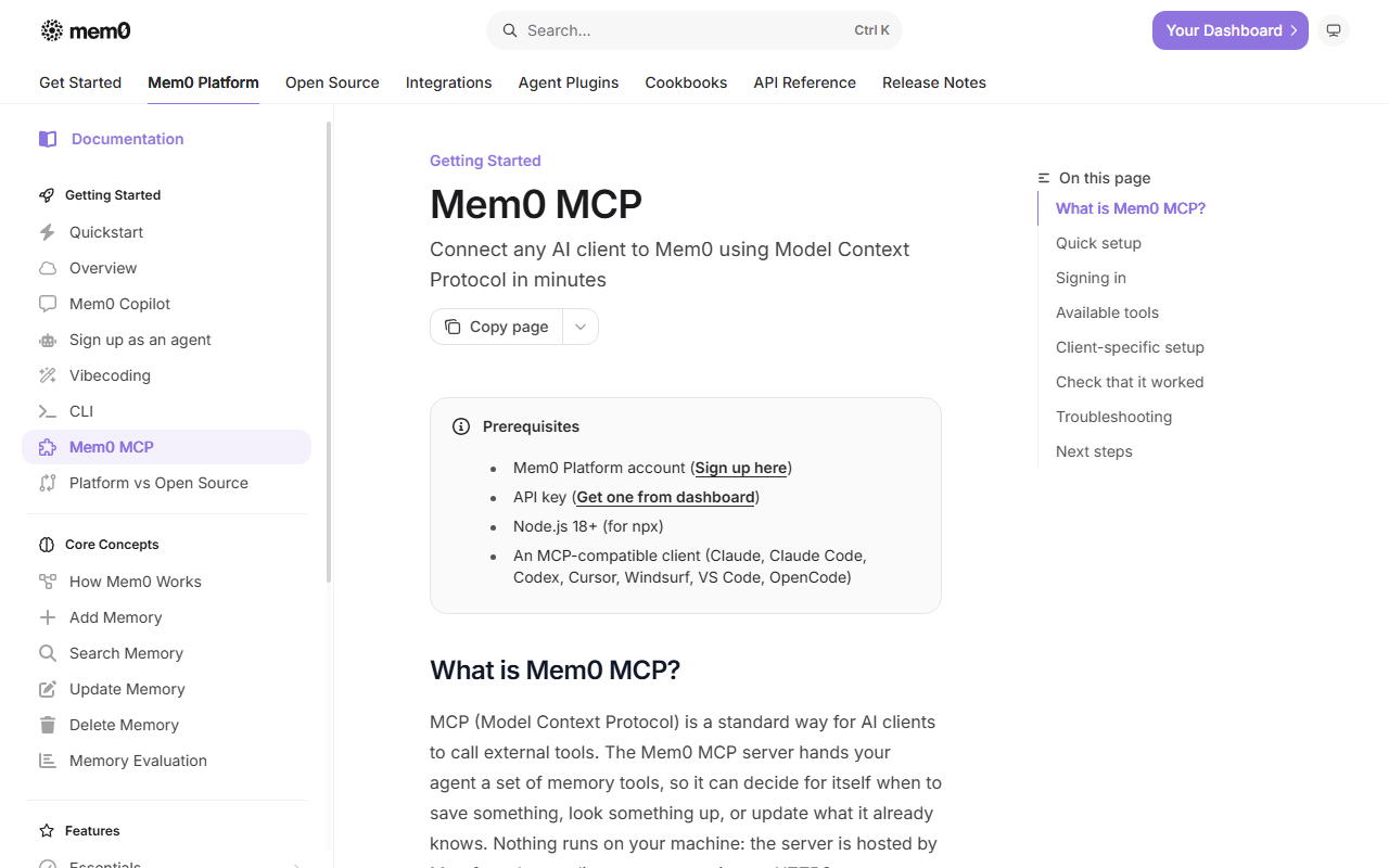 Mem0 MCP documentation page with a Prerequisites box listing a Mem0 Platform account, an API key, Node.js 18+ and an MCP-compatible client, and the start of the What is Mem0 MCP section