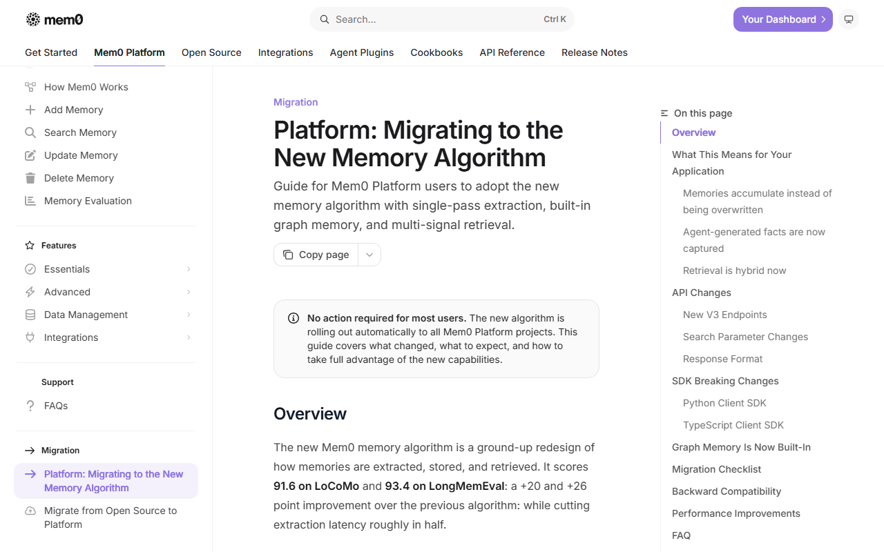 Mem0 documentation page Platform: Migrating to the New Memory Algorithm, with a note that no action is required for most users and an overview stating scores of 91.6 on LoCoMo and 93.4 on LongMemEval