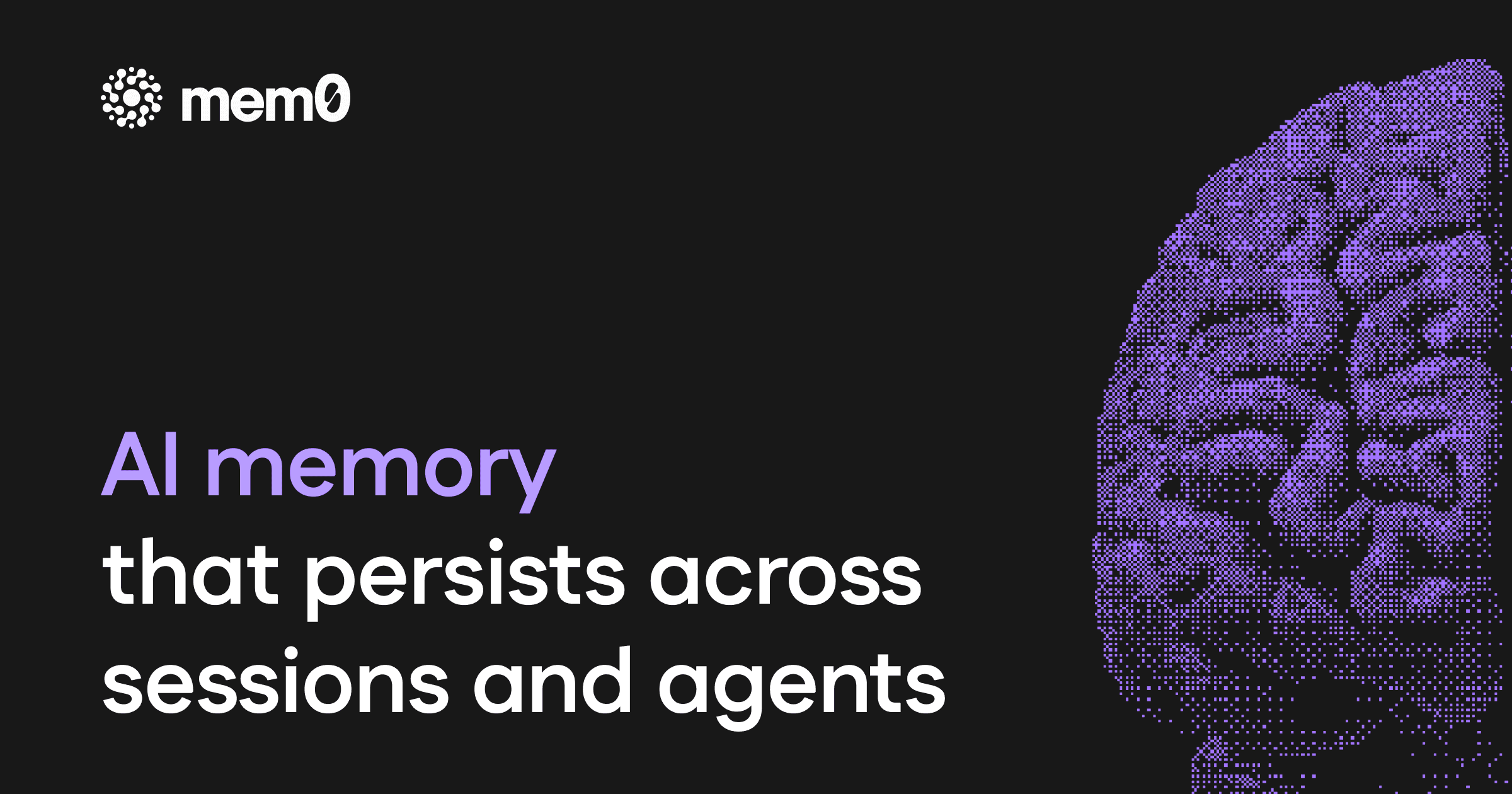 Mem0 social image: the mem0 logo and the line AI memory that persists across sessions and agents beside a purple pixel-art brain on a dark background